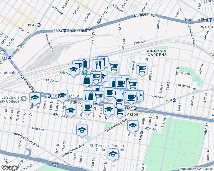map of restaurants, bars, coffee shops, grocery stores, and more near 41-41 41st Street in Queens