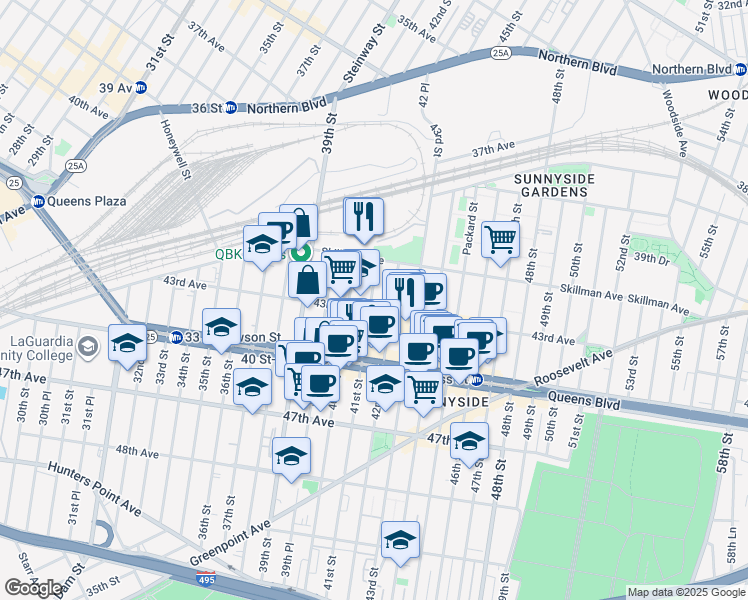 map of restaurants, bars, coffee shops, grocery stores, and more near 41-41 41st Street in Queens
