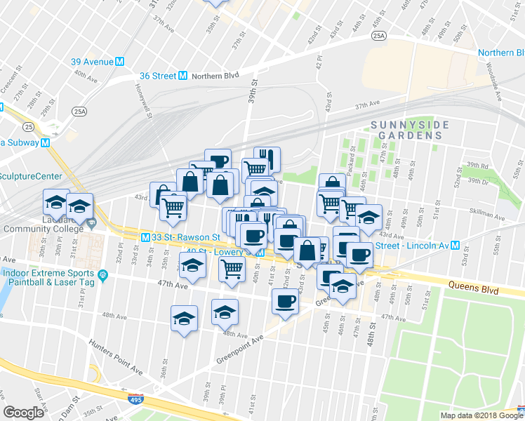 map of restaurants, bars, coffee shops, grocery stores, and more near in Queens