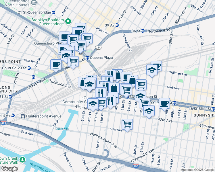 map of restaurants, bars, coffee shops, grocery stores, and more near 43-10 Van Dam Street in Queens