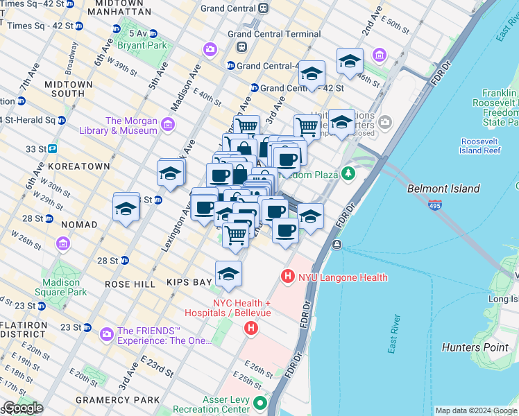 map of restaurants, bars, coffee shops, grocery stores, and more near 649 2nd Avenue in New York