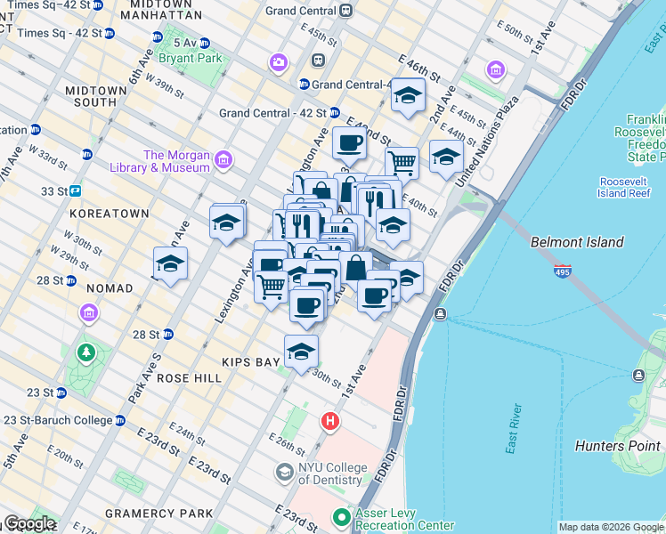map of restaurants, bars, coffee shops, grocery stores, and more near 245e East 36th Street in New York