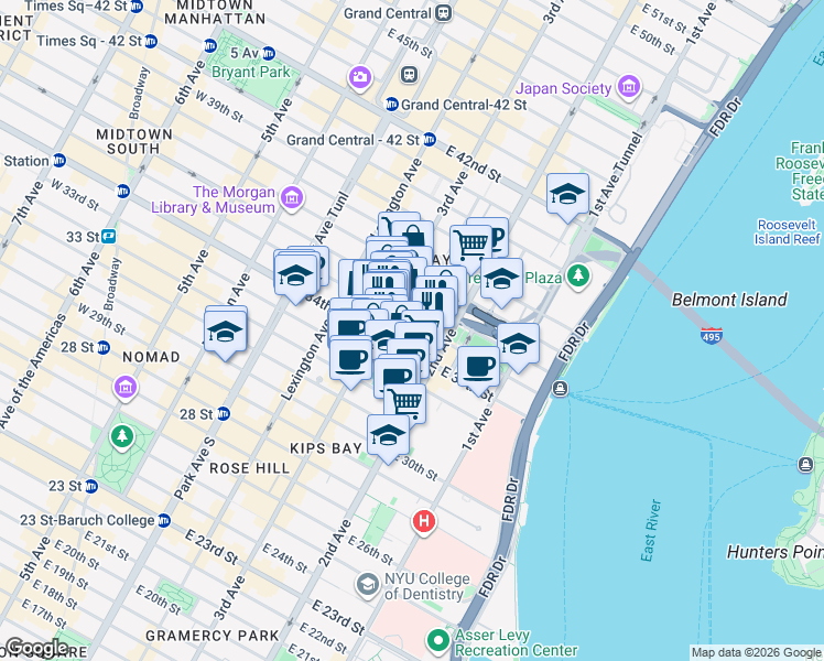 map of restaurants, bars, coffee shops, grocery stores, and more near 214 East 35th Street in New York