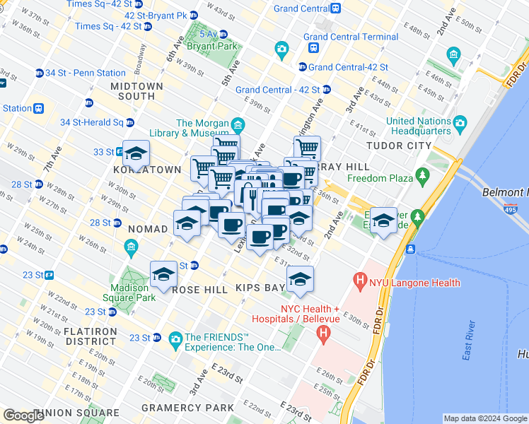 map of restaurants, bars, coffee shops, grocery stores, and more near in New York