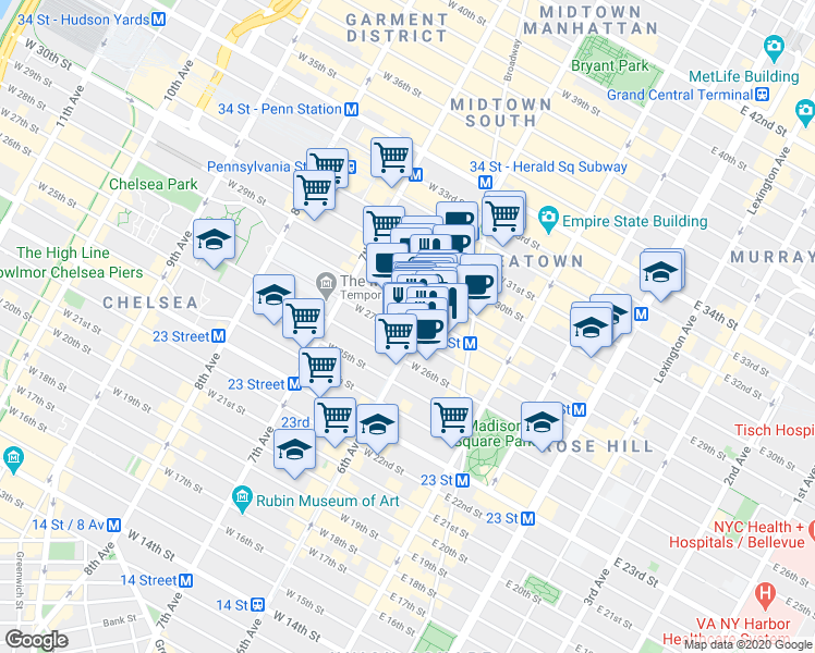 map of restaurants, bars, coffee shops, grocery stores, and more near 817 6th Avenue in New York