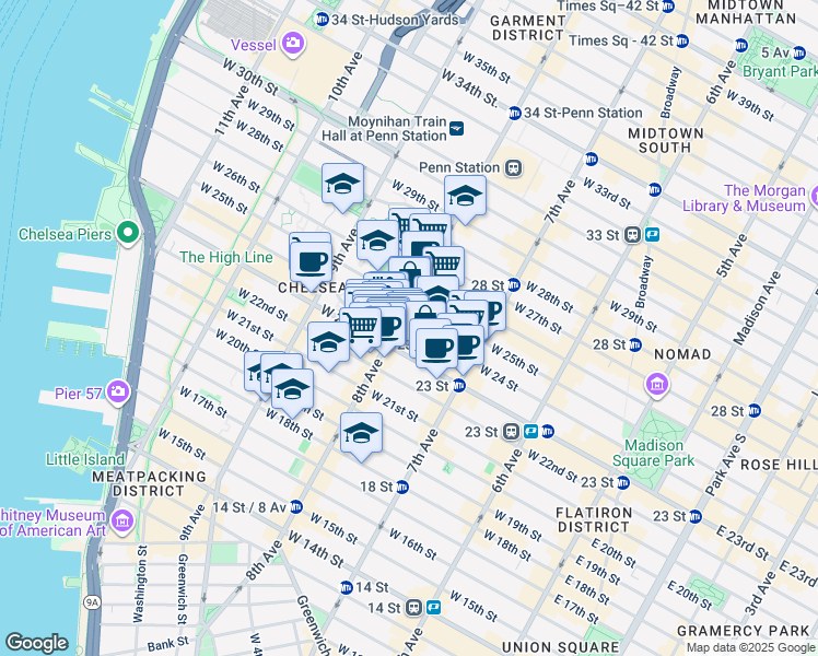 map of restaurants, bars, coffee shops, grocery stores, and more near in New York