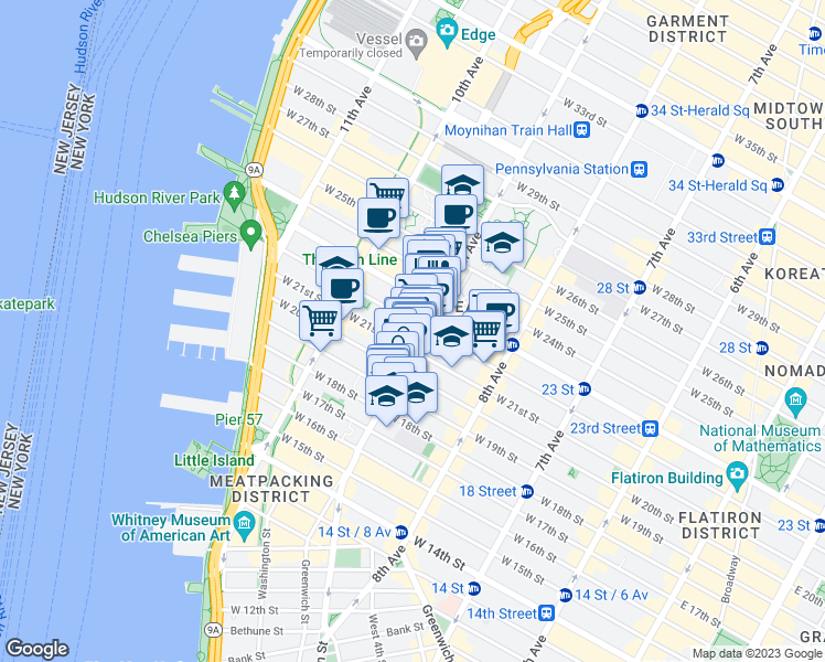 map of restaurants, bars, coffee shops, grocery stores, and more near 414 West 22nd Street in New York
