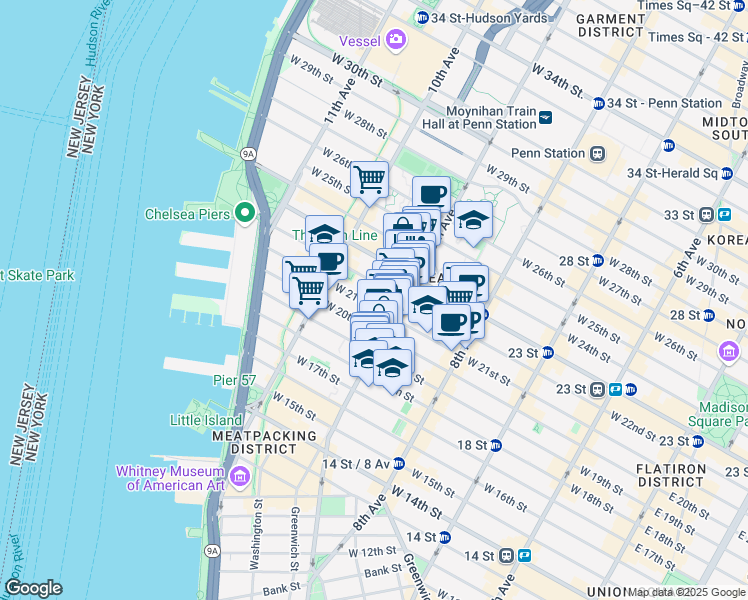 map of restaurants, bars, coffee shops, grocery stores, and more near 414 West 22nd Street in New York