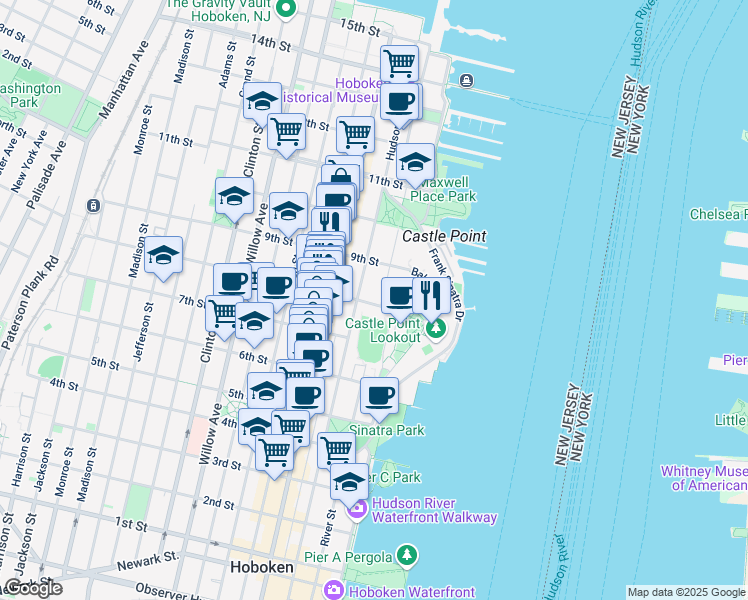map of restaurants, bars, coffee shops, grocery stores, and more near 802 Castle Point Terrace in Hoboken