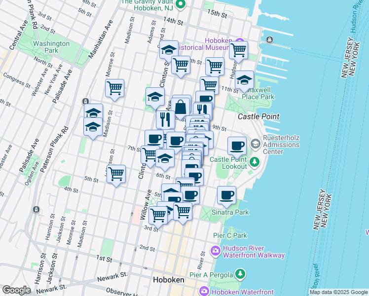 map of restaurants, bars, coffee shops, grocery stores, and more near 157 8th Street in Hoboken