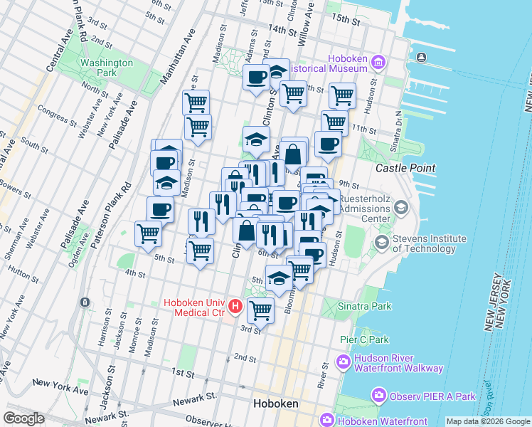 map of restaurants, bars, coffee shops, grocery stores, and more near 722 Willow Avenue in Hoboken