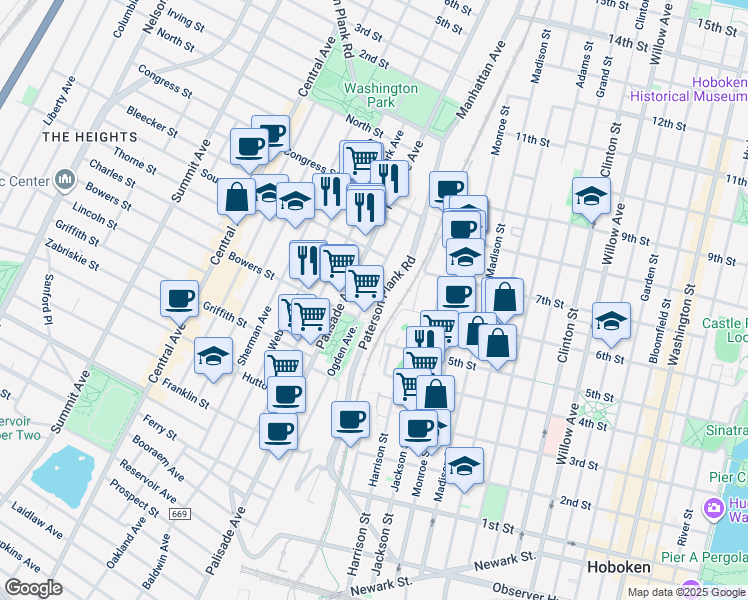 map of restaurants, bars, coffee shops, grocery stores, and more near 360 Ogden Avenue in Jersey City