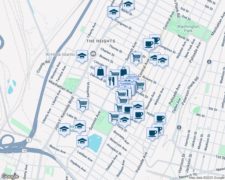 map of restaurants, bars, coffee shops, grocery stores, and more near 47 Zabriskie Street in Jersey City