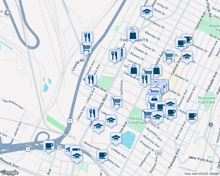 map of restaurants, bars, coffee shops, grocery stores, and more near 3303 John F. Kennedy Boulevard in Jersey City