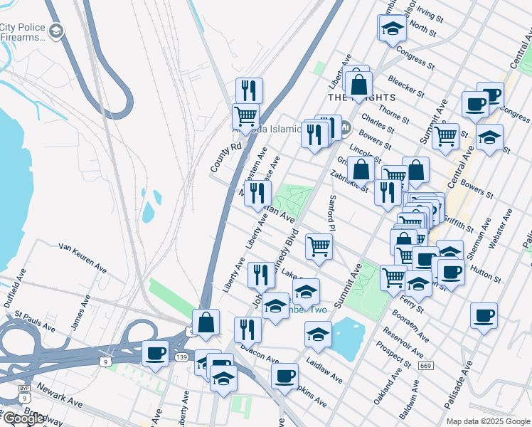 map of restaurants, bars, coffee shops, grocery stores, and more near 260 County Road 647 in Jersey City