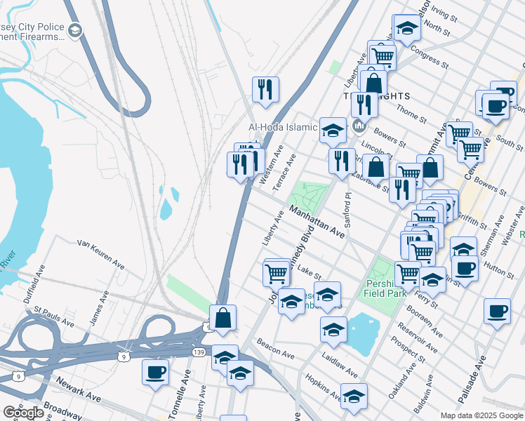map of restaurants, bars, coffee shops, grocery stores, and more near 150 Beach Street in Jersey City