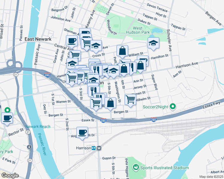 map of restaurants, bars, coffee shops, grocery stores, and more near 22 South 5th Street in Harrison