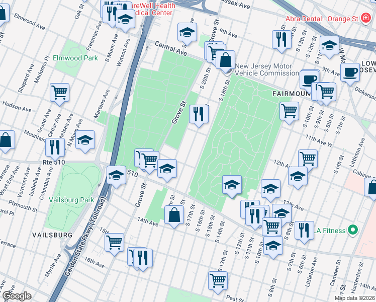 map of restaurants, bars, coffee shops, grocery stores, and more near 316 South 19th Street in Newark