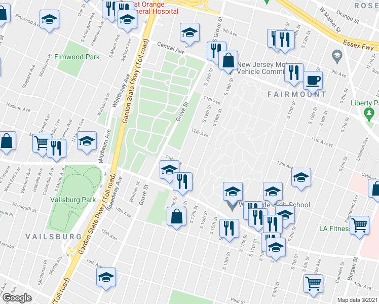 map of restaurants, bars, coffee shops, grocery stores, and more near 323 South 20th Street in Newark