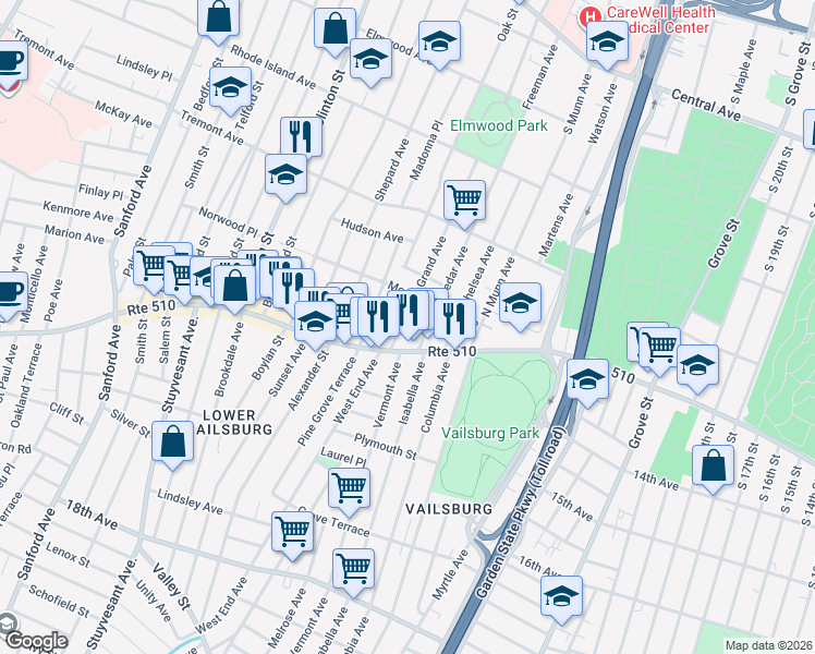 map of restaurants, bars, coffee shops, grocery stores, and more near 21 Cedar Avenue in Newark