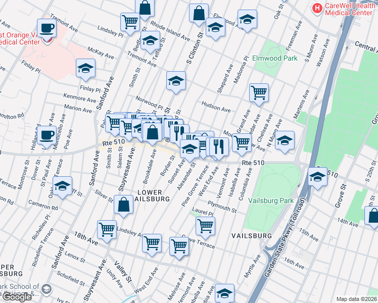 map of restaurants, bars, coffee shops, grocery stores, and more near 885 Route 510 in Newark