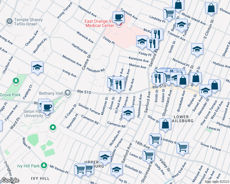 map of restaurants, bars, coffee shops, grocery stores, and more near 9-11 Longfellow Avenue in Newark