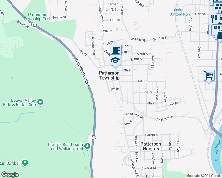map of restaurants, bars, coffee shops, grocery stores, and more near 503 Hillcrest Avenue in Beaver Falls