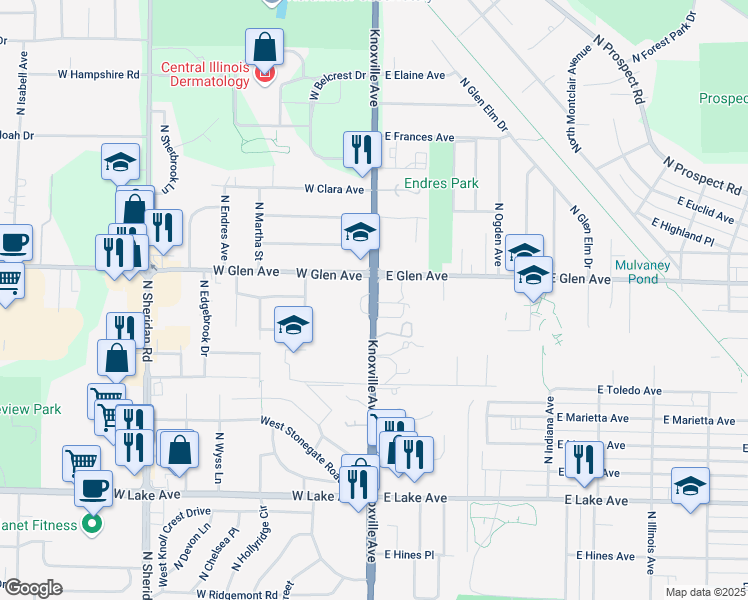 map of restaurants, bars, coffee shops, grocery stores, and more near 4810 Illinois 40 in Peoria