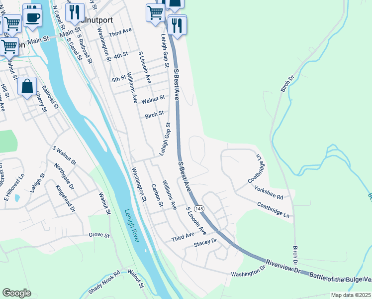 map of restaurants, bars, coffee shops, grocery stores, and more near 33 View Drive in Walnutport
