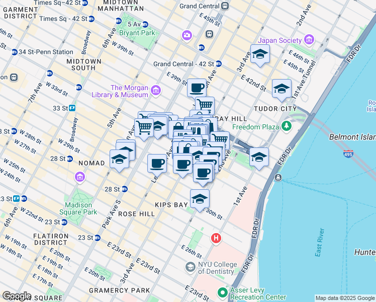 map of restaurants, bars, coffee shops, grocery stores, and more near 160 East 34th Street in New York