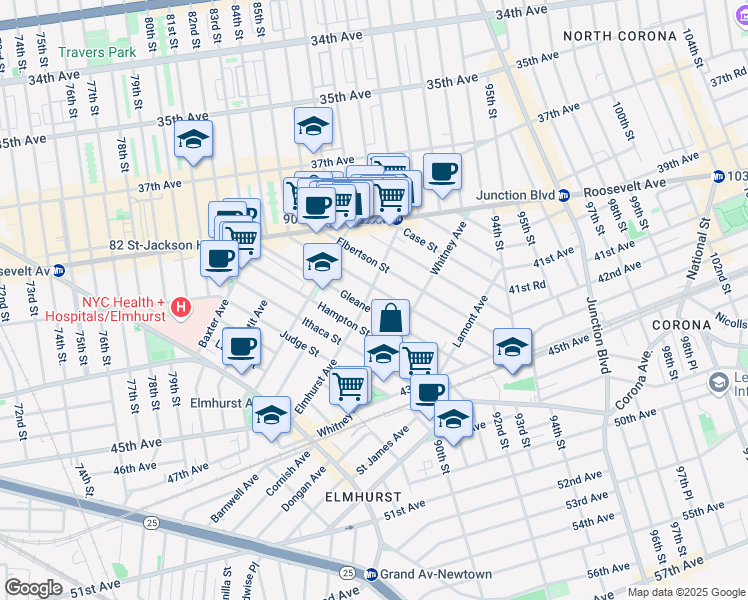 map of restaurants, bars, coffee shops, grocery stores, and more near 88-11 Elmhurst Avenue in Queens