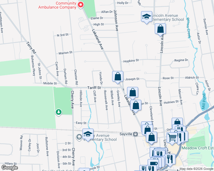 map of restaurants, bars, coffee shops, grocery stores, and more near 19 Tariff Street in Sayville