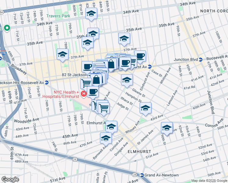 map of restaurants, bars, coffee shops, grocery stores, and more near 40-53 Ithaca Street in Queens