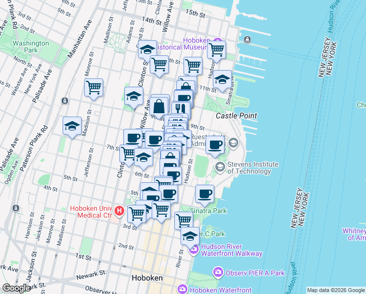 map of restaurants, bars, coffee shops, grocery stores, and more near 799 Washington Street in Hoboken