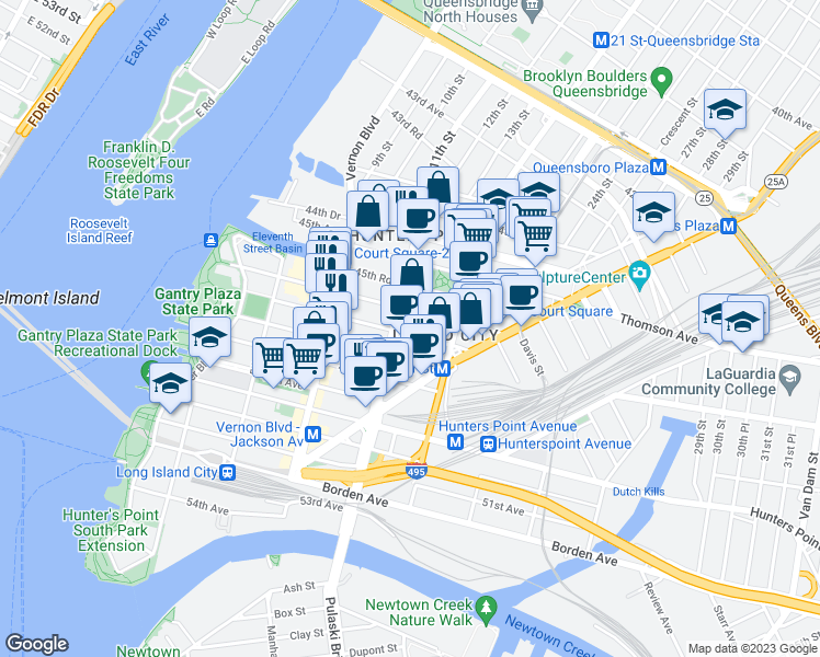 map of restaurants, bars, coffee shops, grocery stores, and more near 11-15 46th Road in Queens