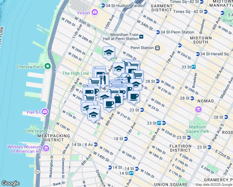 map of restaurants, bars, coffee shops, grocery stores, and more near 338 1/2 West 23rd Street in New York