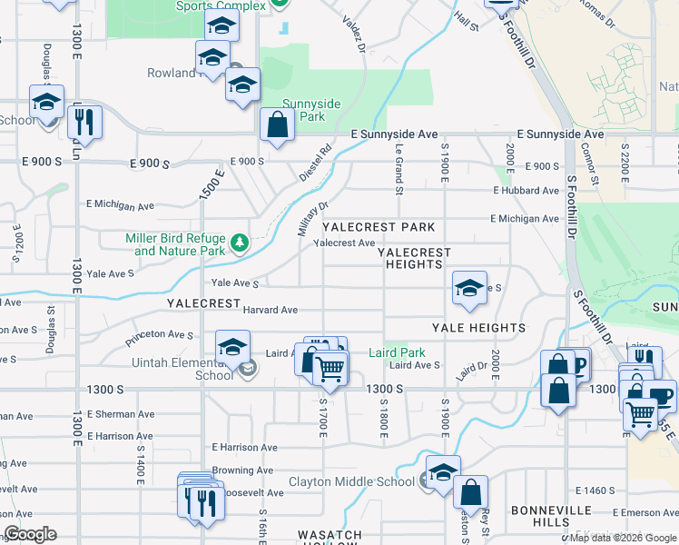 map of restaurants, bars, coffee shops, grocery stores, and more near 1722 Herbert Avenue South in Salt Lake City