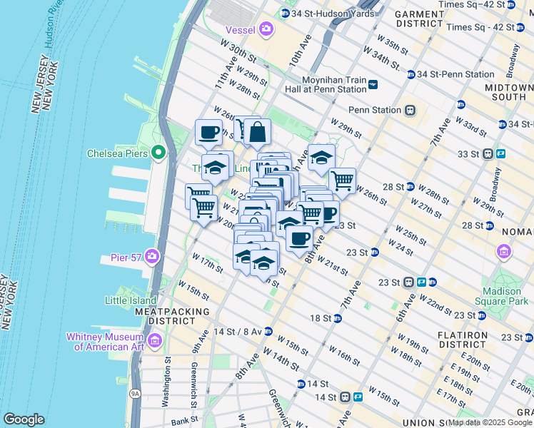 map of restaurants, bars, coffee shops, grocery stores, and more near 400 West 22nd Street in New York