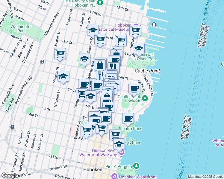 map of restaurants, bars, coffee shops, grocery stores, and more near 799 Washington Street in Hoboken