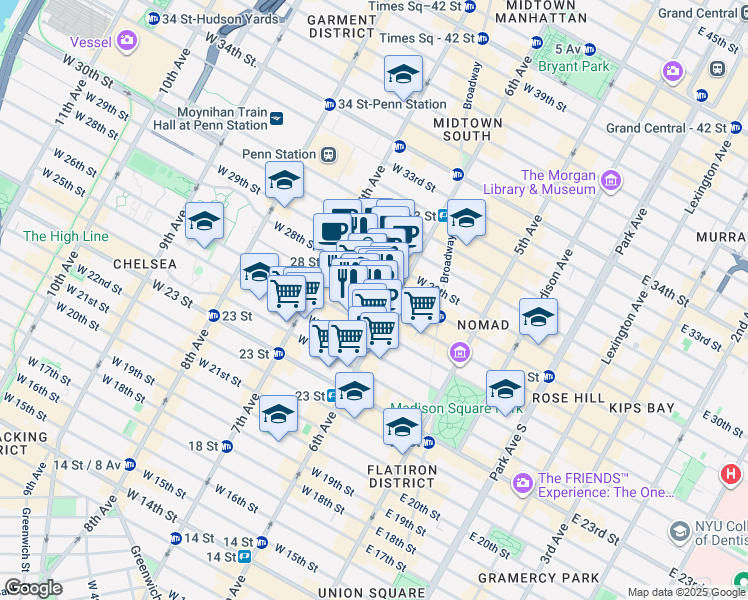 map of restaurants, bars, coffee shops, grocery stores, and more near 121 West 27th Street in New York