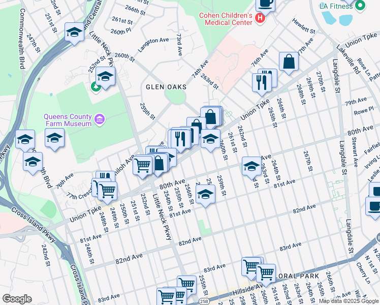 map of restaurants, bars, coffee shops, grocery stores, and more near 257-1 Union Turnpike in Queens