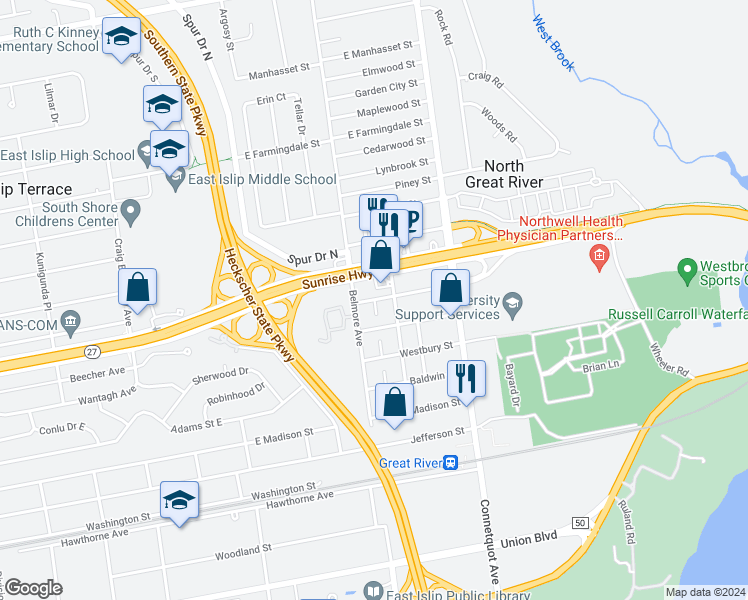 map of restaurants, bars, coffee shops, grocery stores, and more near 164 South Atlantic Avenue in East Islip