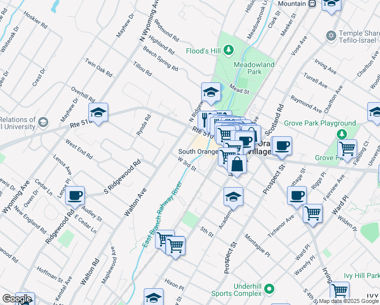 map of restaurants, bars, coffee shops, grocery stores, and more near 42 Church Street in South Orange