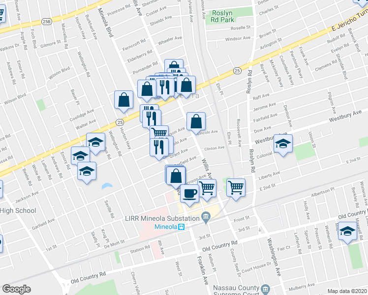 map of restaurants, bars, coffee shops, grocery stores, and more near 162 Grant Avenue in Mineola