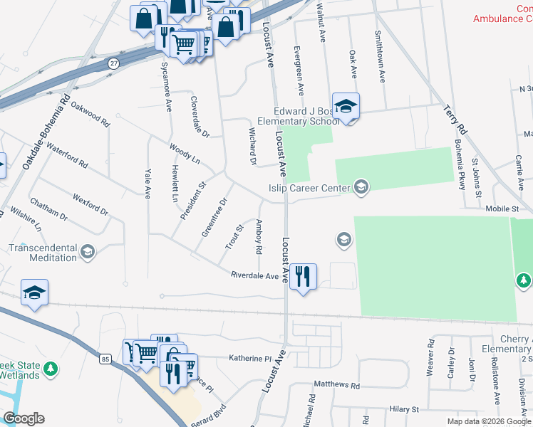 map of restaurants, bars, coffee shops, grocery stores, and more near 23 Amboy Road in Oakdale