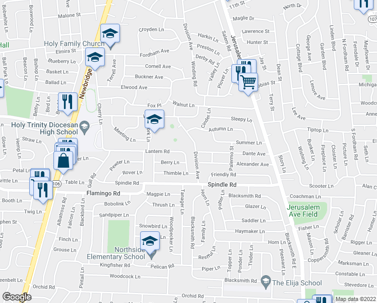 map of restaurants, bars, coffee shops, grocery stores, and more near 22 Lantern Lane in Hicksville