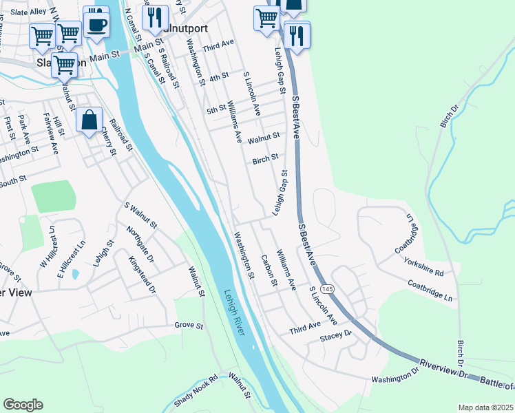 map of restaurants, bars, coffee shops, grocery stores, and more near 760 Williams Avenue in Walnutport