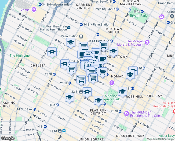 map of restaurants, bars, coffee shops, grocery stores, and more near 121 West 27th Street in New York