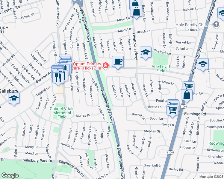 map of restaurants, bars, coffee shops, grocery stores, and more near 19 Cable Lane in Hicksville