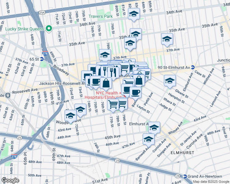 map of restaurants, bars, coffee shops, grocery stores, and more near 78-00 Broadway in Queens